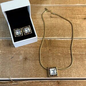 Vintage Avon Square-Cut Lead Crystal Necklace & Clip On Earring Set